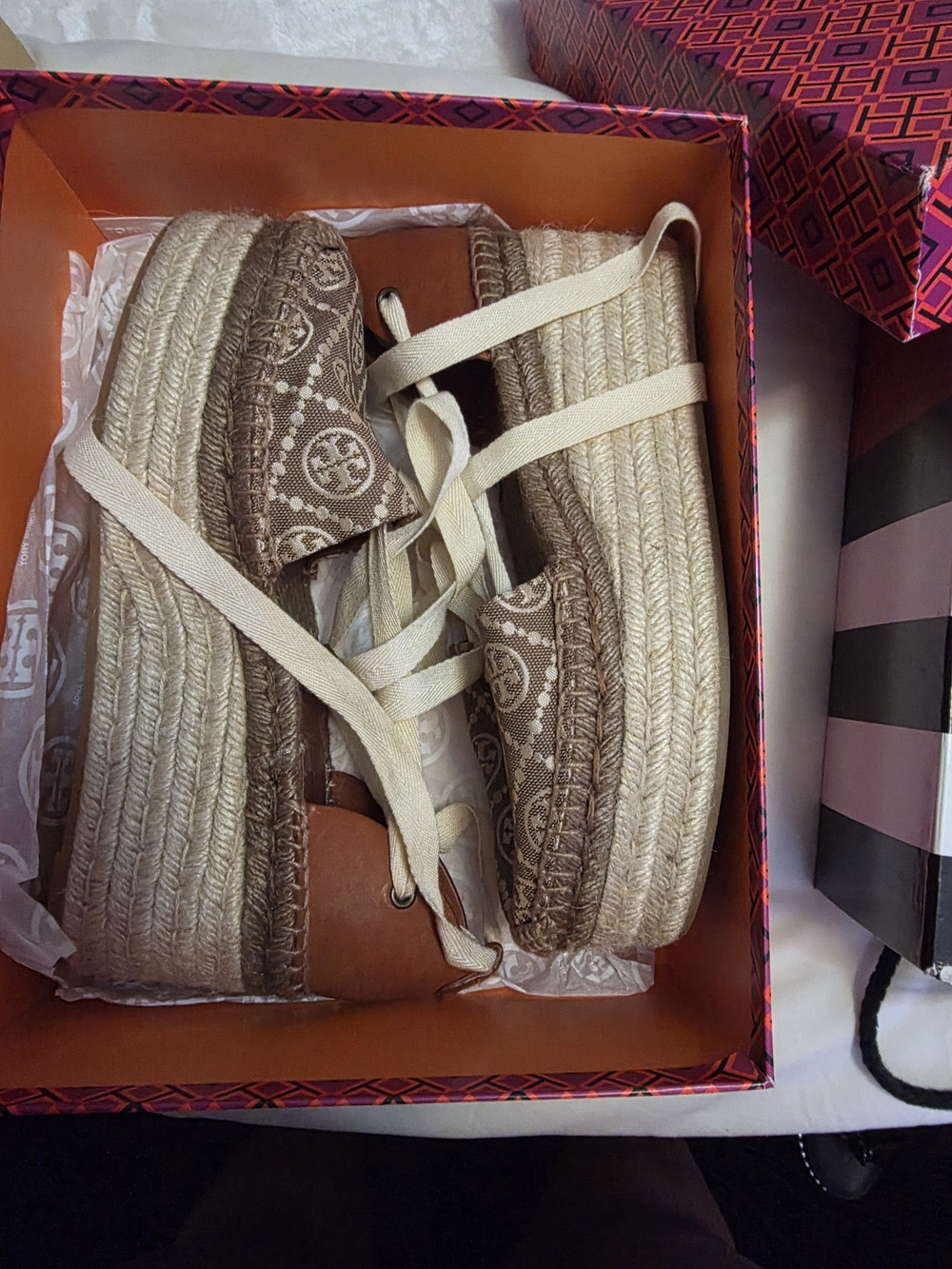 Tory Burch Brown Logo Espadrille Platform Sandals with Cream Laces